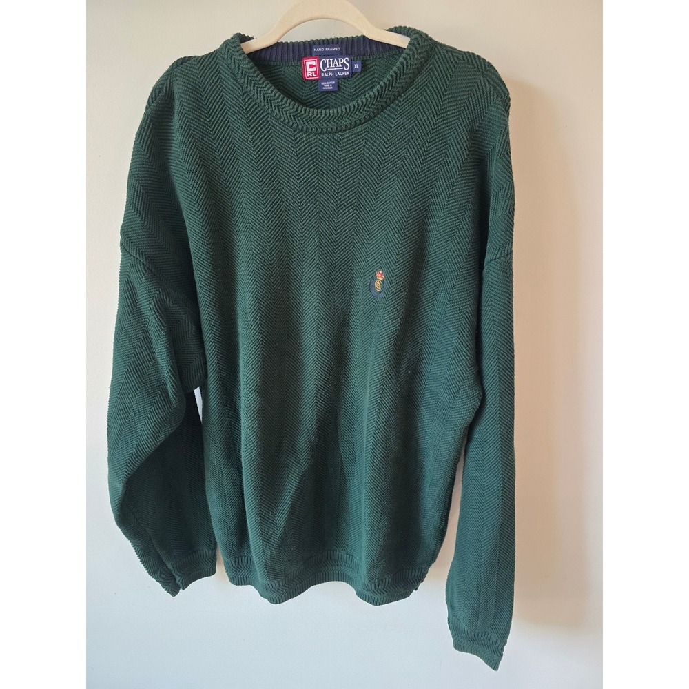 Chaps Ralph Lauren Mens XL Forest Green Chevron Herringbone Cotton Knit Sweater